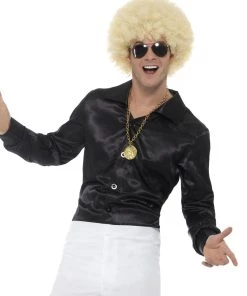Smiffy's Disco 60s 70s Groovy Mens Black Satin Shirt