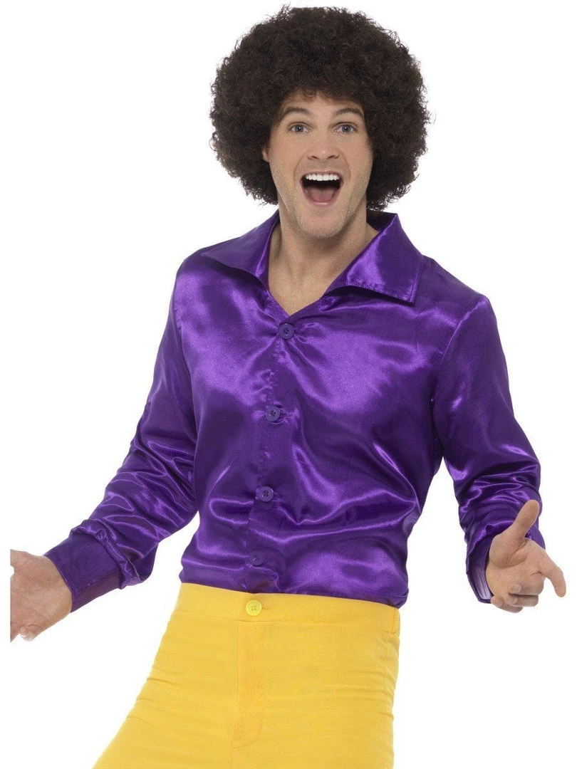 Smiffy's Disco 60s 70s Groovy Mens Purple Satin Shirt 3 Smiffy's Disco 60s 70s Groovy Mens Purple Satin Shirt