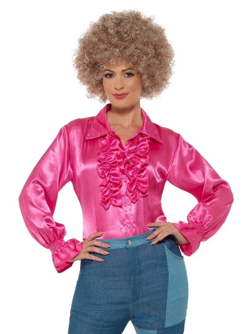 Smiffy's Womens Disco 70s Pink Satin Ruffle Women's Blouse 3 Smiffy's Womens Disco 70s Pink Satin Ruffle Women's Blouse