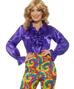 Smiffy's Disco 70s Purple Satin Ruffle Disco Women's Blouse