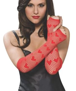Rubies Heart Red Fishnet Fingerless Long Gloves For Adults