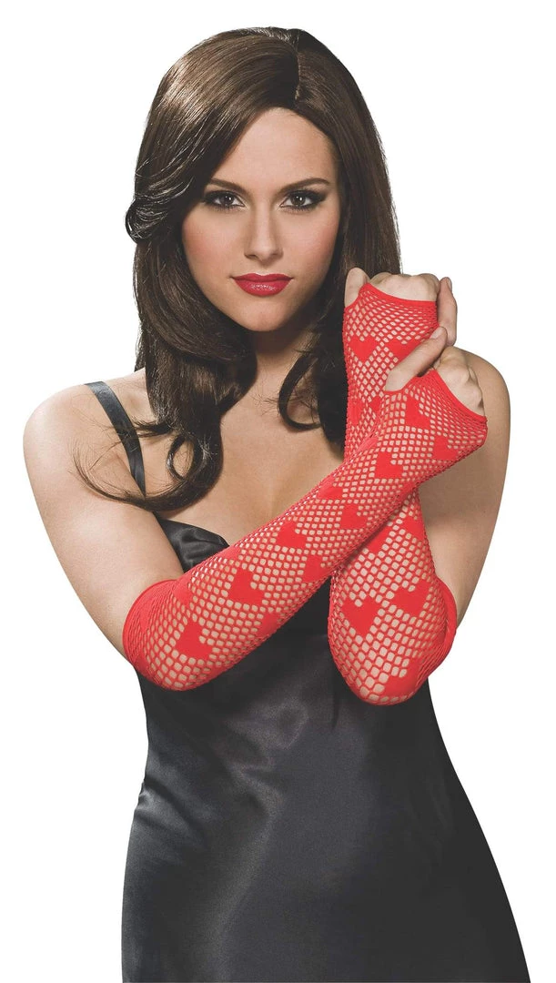 Rubies Heart Red Fishnet Fingerless Long Gloves For Adults 3 Rubies Heart Red Fishnet Fingerless Long Gloves For Adults