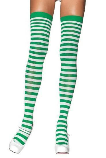 Music Legs Green And White Striped Stay-up Thigh High Stockings Womens 3 Music Legs Green And White Striped Stay-up Thigh High Stockings Womens