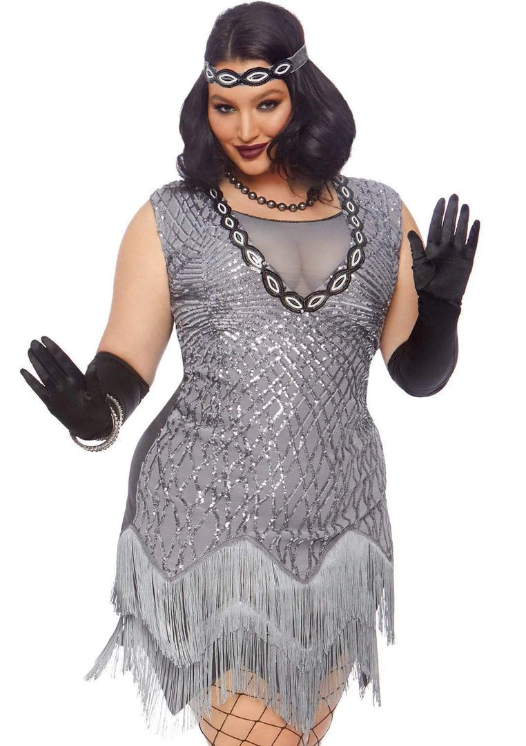 Leg Avenue Roaring Roxy 1920's Silver Sequin Curvy Gatsby Flapper Costume 3 Leg Avenue Roaring Roxy 1920's Silver Sequin Curvy Gatsby Flapper Costume