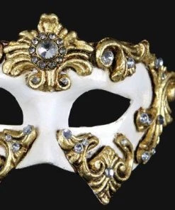 Carta Alta Womens Harlequin White & Gold Venetian Mask Baroque Masquerade Colombina