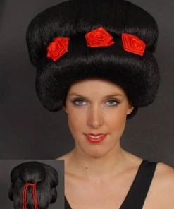 Interalia Geisha Wig With Red Roses Asian Oriental Japanese Hair Accessory